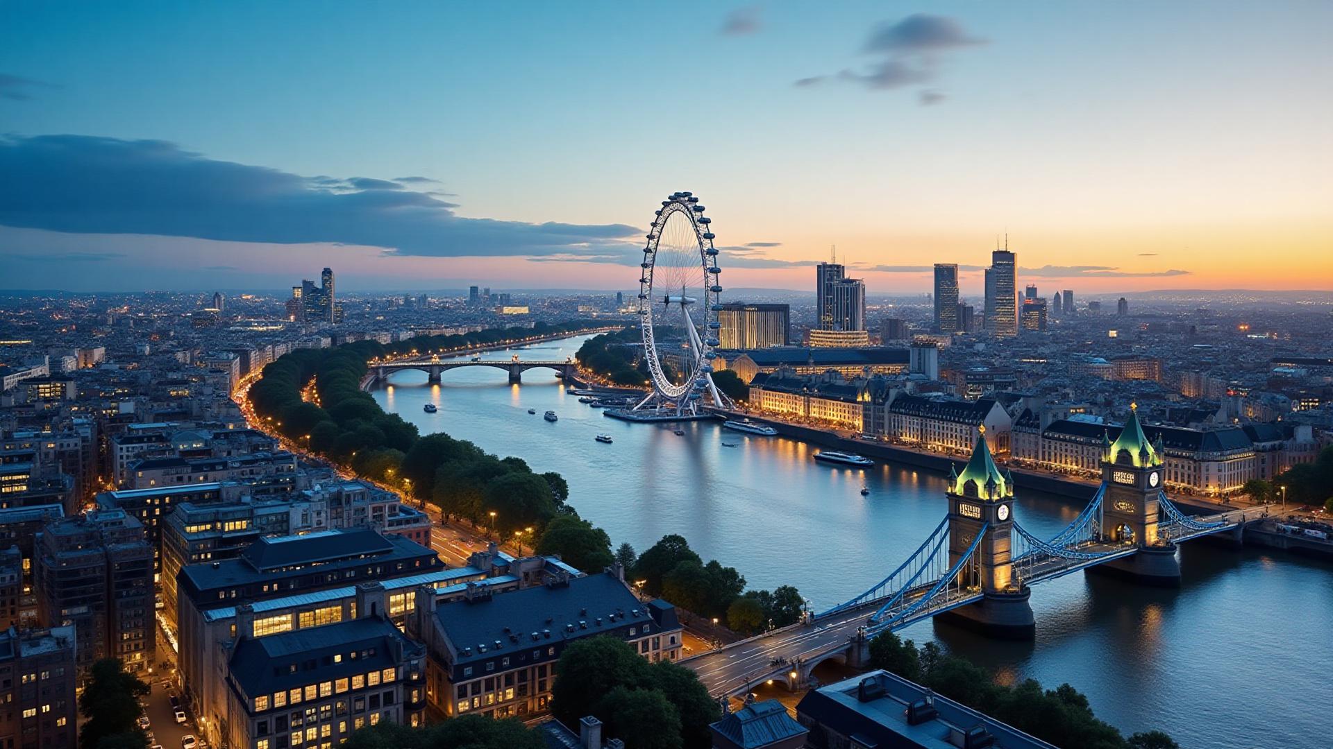 Vista panorâmica de Londres com o rio Tâmisa, o Parlamento e a London Eye