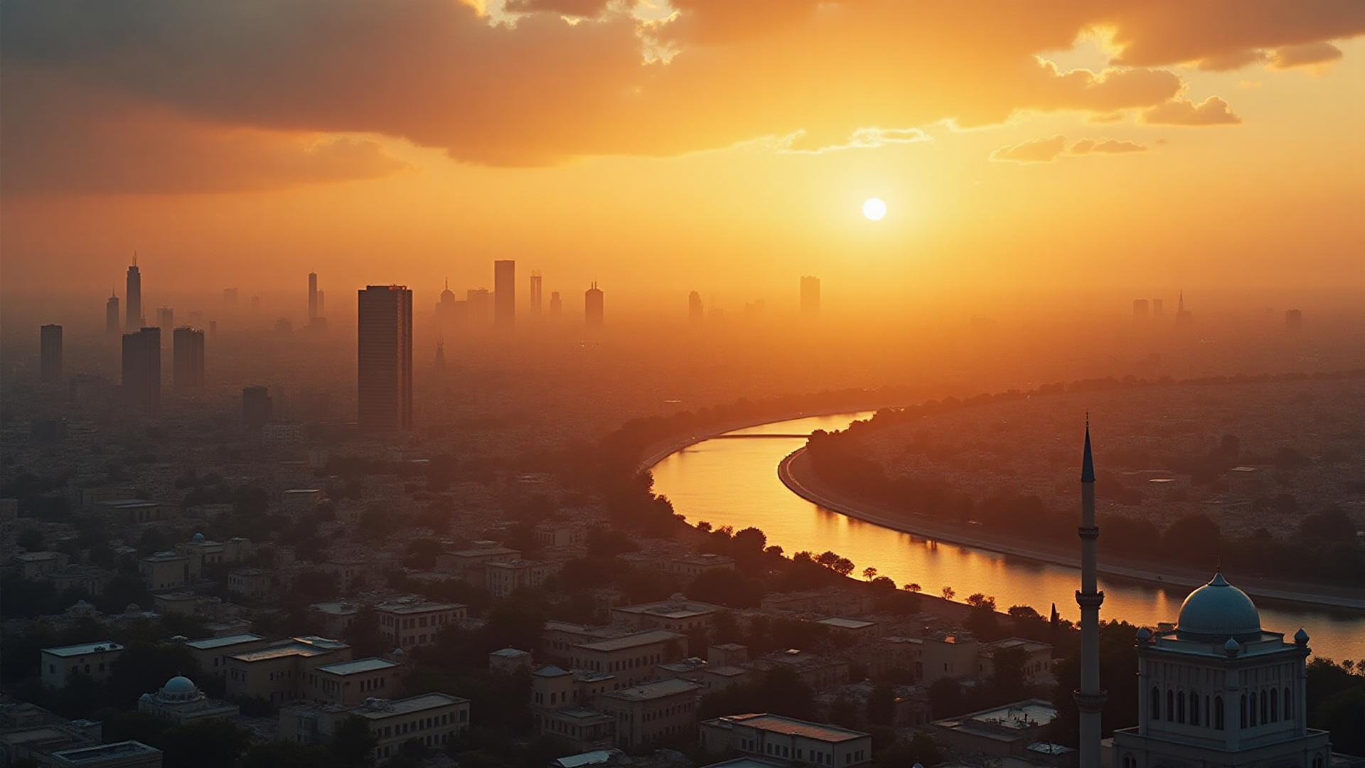 Vista panorâmica aérea do Cairo com o Rio Nilo, prédios históricos e pôr do sol