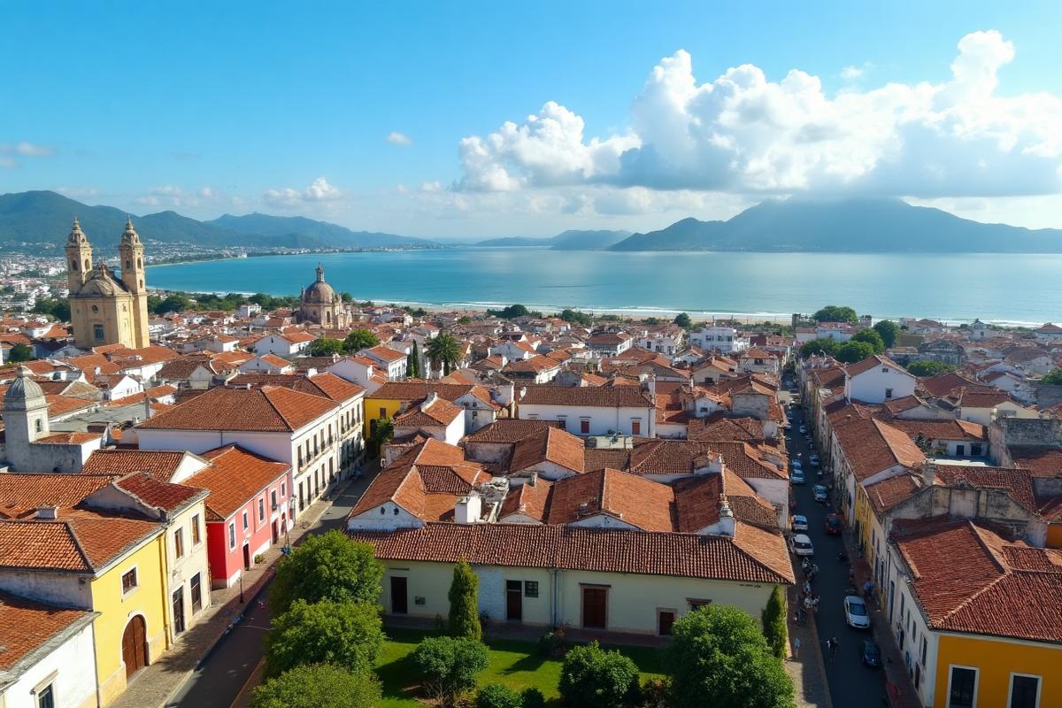 Vista panorâmica de Cartagena das Índias com a cidade murada histórica e mar do Caribe