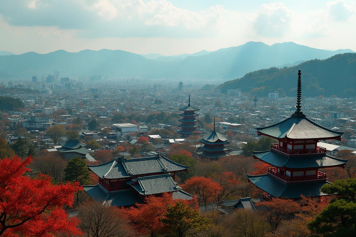 Vista panorâmica de Kyoto com templos tradicionais e arquitetura japonesa