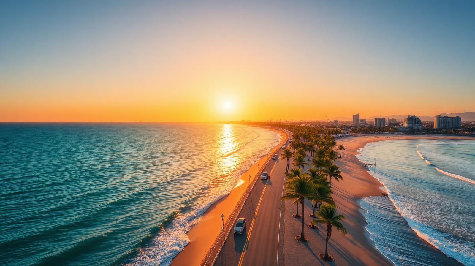 Vista aérea da orla de Maceió com mar azul-turquesa, coqueiros e calçadão