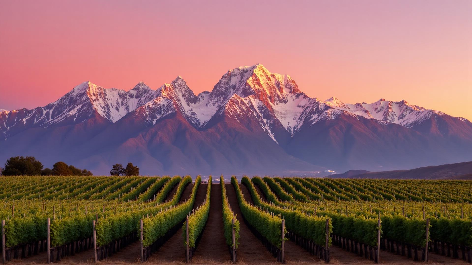Paisagem de Mendoza com vinhedos ao pôr do sol e a Cordilheira dos Andes ao fundo