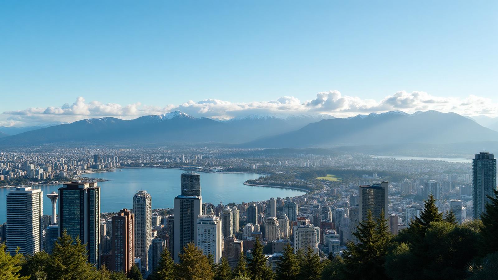 Vista panorâmica de Vancouver com as montanhas ao fundo e o centro da cidade