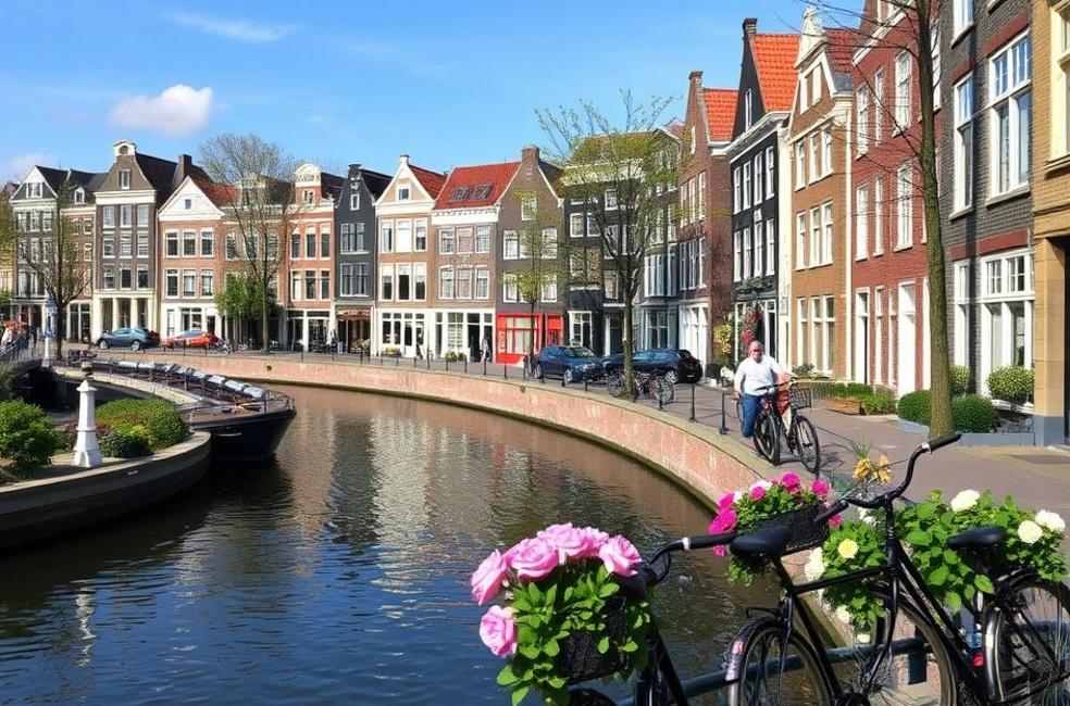 Canais pitorescos de Amsterdam com casas tradicionais.