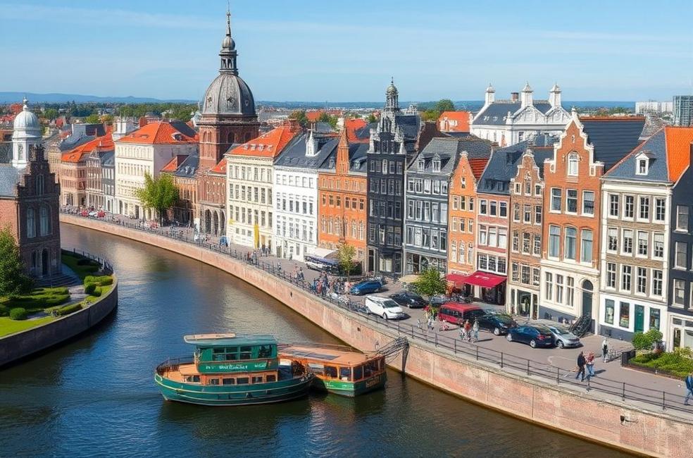 Cenário cultural de Amsterdam com canais e arquiteturas de museus.