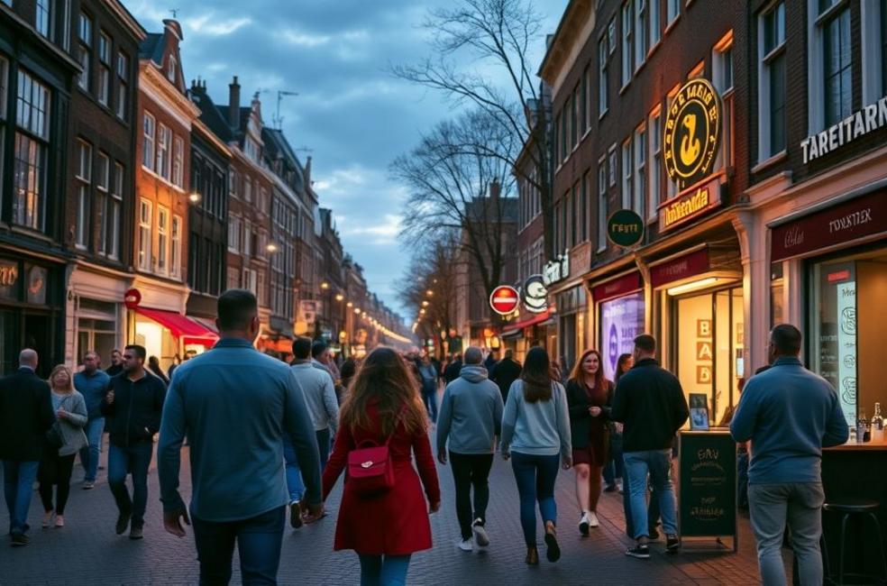 Cenas vibrantes de Amsterdam ao entardecer com pessoas aproveitando a vida noturna.