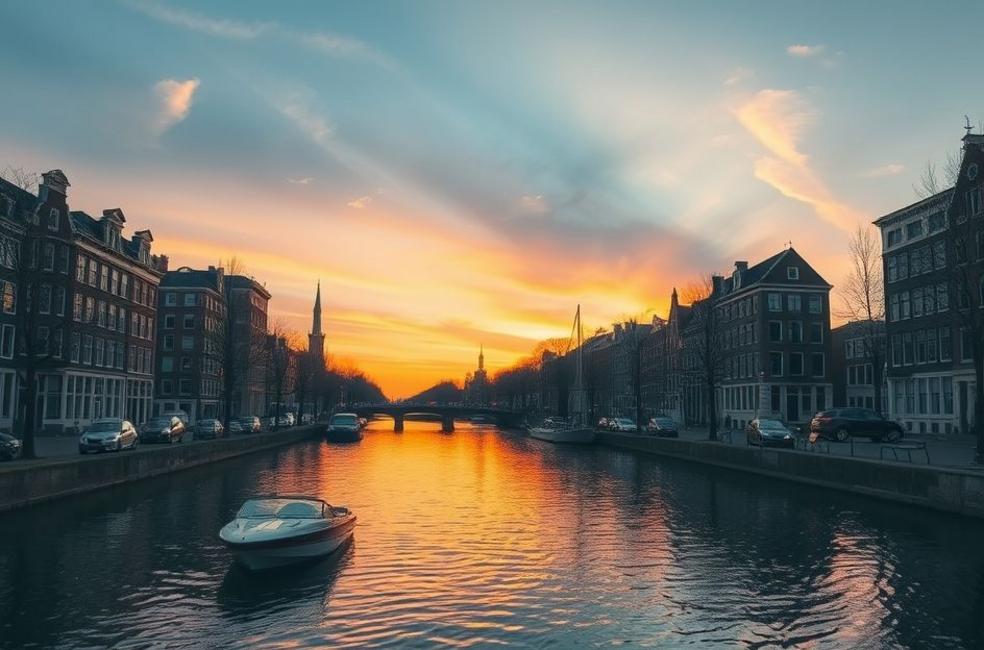 Cena tranquila de Amsterdam ao pôr do sol, simbolizando a beleza e calma da cidade.