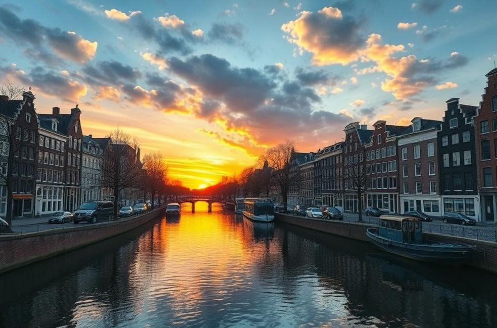 Atraente vista de Amsterdam ao pôr do sol, com canais e casas tradicionais.