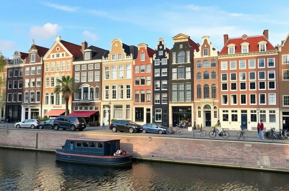Uma vista típica de Amsterdam com seus canais e arquitetura, representando a cidade como um destino turístico fascinante.