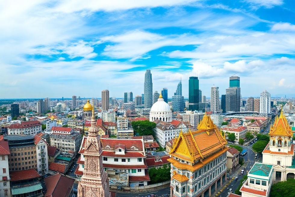 Panorama da cidade de Bangkok com arranha-céus e templos