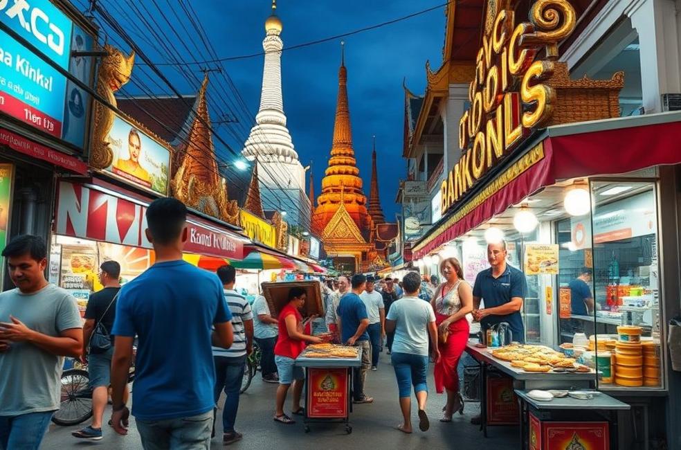 Vida nas ruas de Bangkok, com vendedores de comida e turistas interagindo.