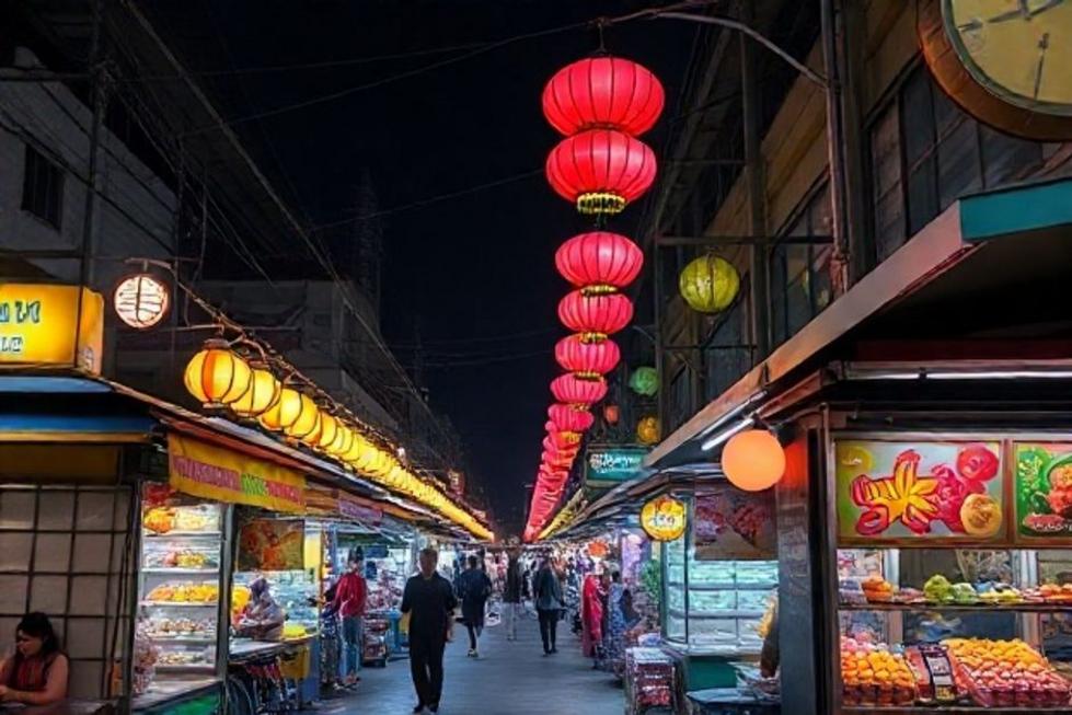 Mercado noturno em Bangkok com barracas de comida iluminadas