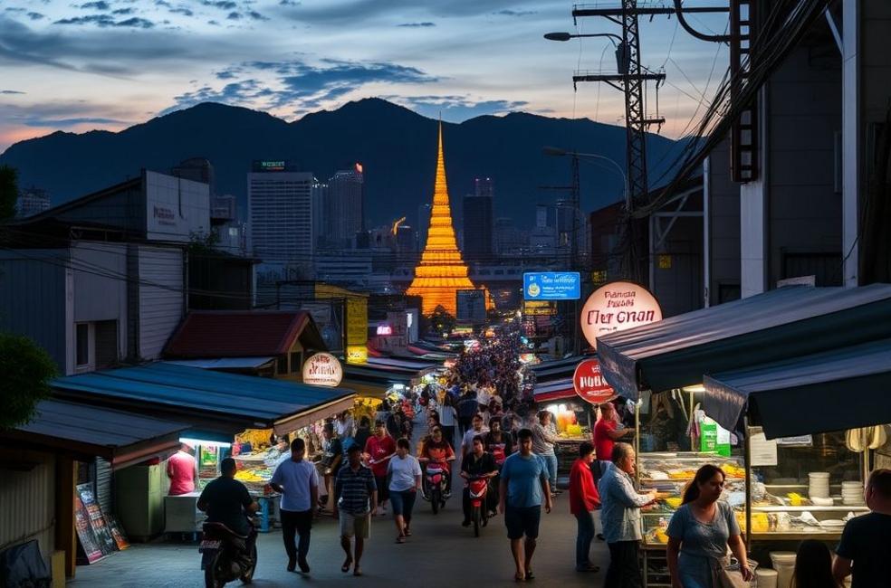 Rua vibrante de Bangkok à noite, com barracas de comida e luzes brilhantes.