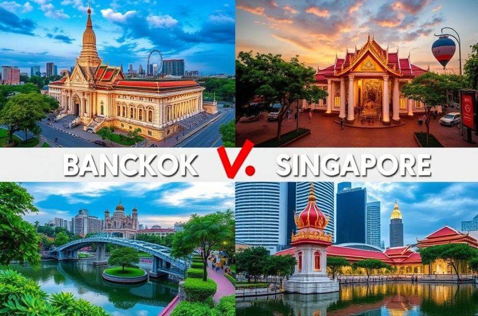 Vistas de Bangkok e Singapura em um panorama que destaca seu ambiente dinâmico.