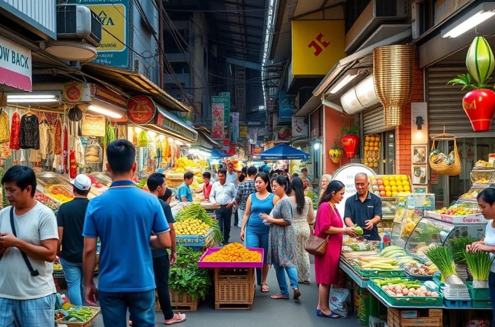 Cenas do dia a dia em Bangkok, com mercados animados e vendedores de rua.