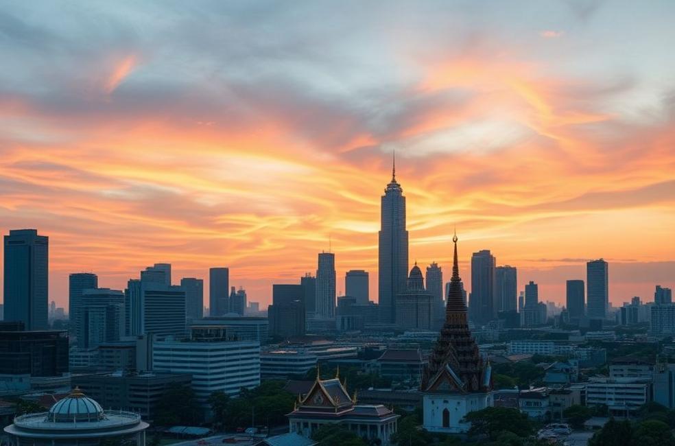 Cenário do horizonte de Bangkok ao pôr do sol.