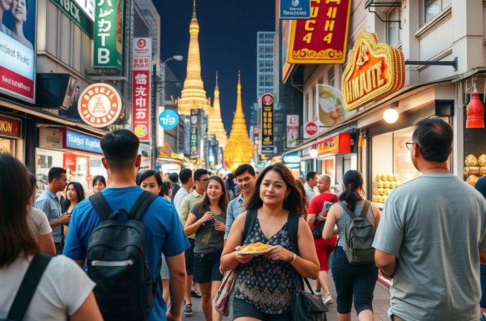 Viajantes explorando as ruas de Bangkok, observando a cultura local.