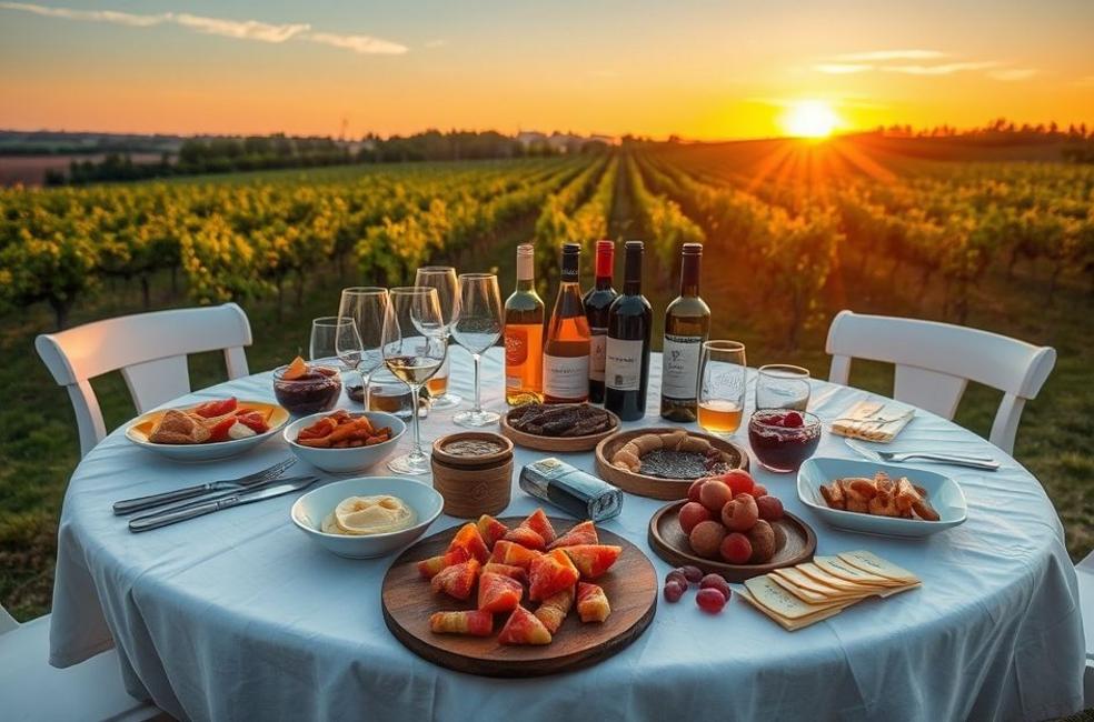 Mesa de jantar em vinícola com vista para o pôr do sol.