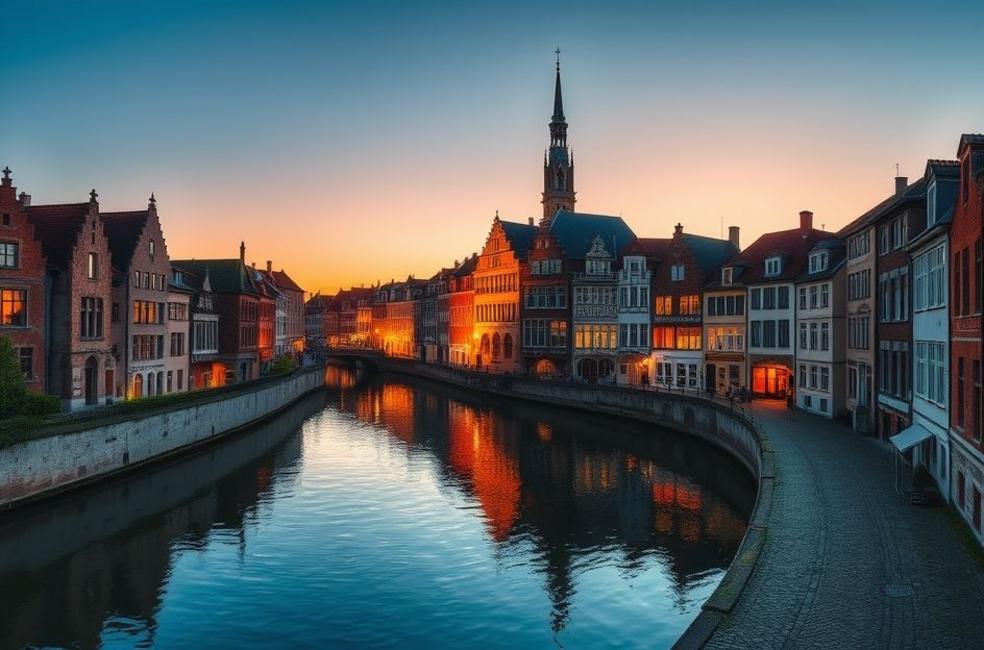 Vista de Bruges ao anoitecer, com canais e prédios históricos iluminados.