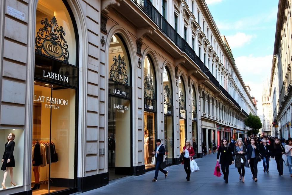Vista do distrito da moda em Milão, com vitrines luxuosas e compradores estilosos nas ruas.