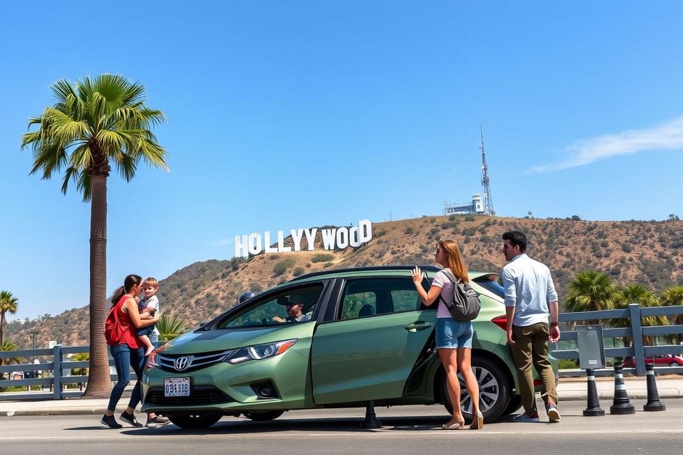 Turistas felizes explorando Los Angeles em um carro alugado.