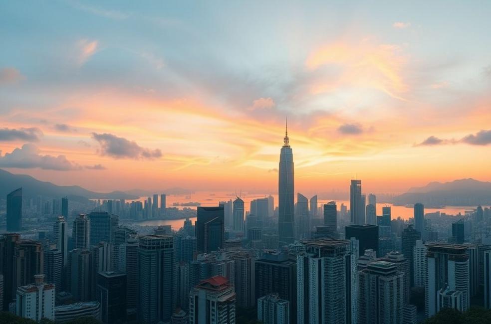 Vista panorâmica do horizonte moderno de Hong Kong ao pôr do sol, simbolizando sua rica cultura.