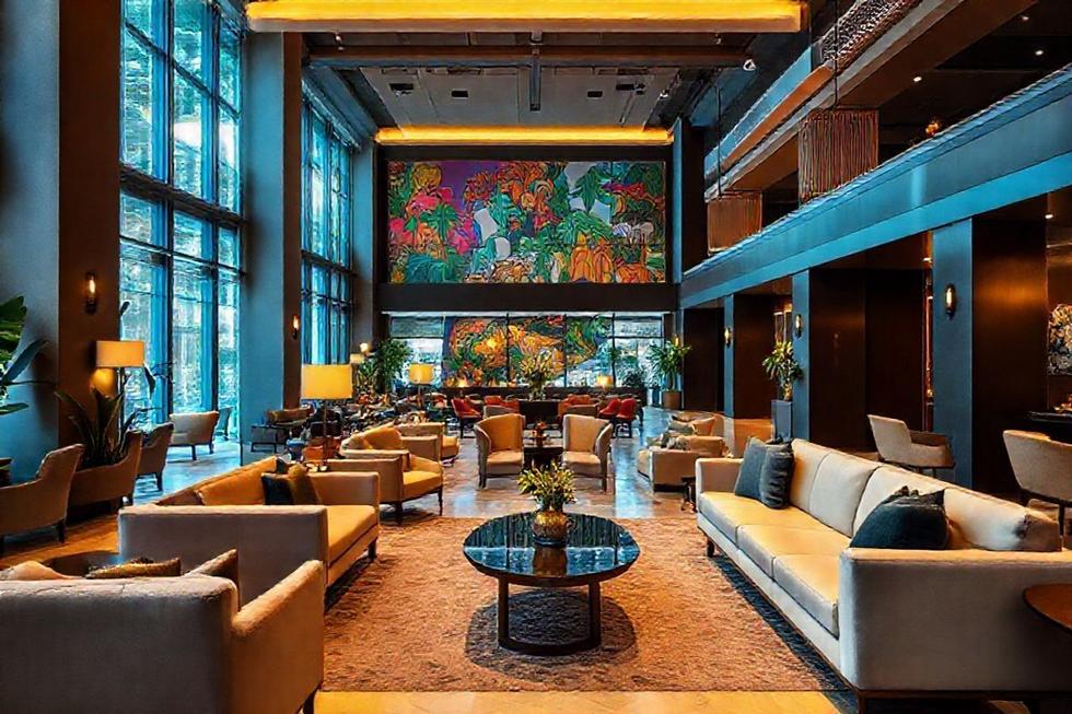 Lobby de hotel em São Paulo, com decoração contemporânea e ambiente acolhedor.