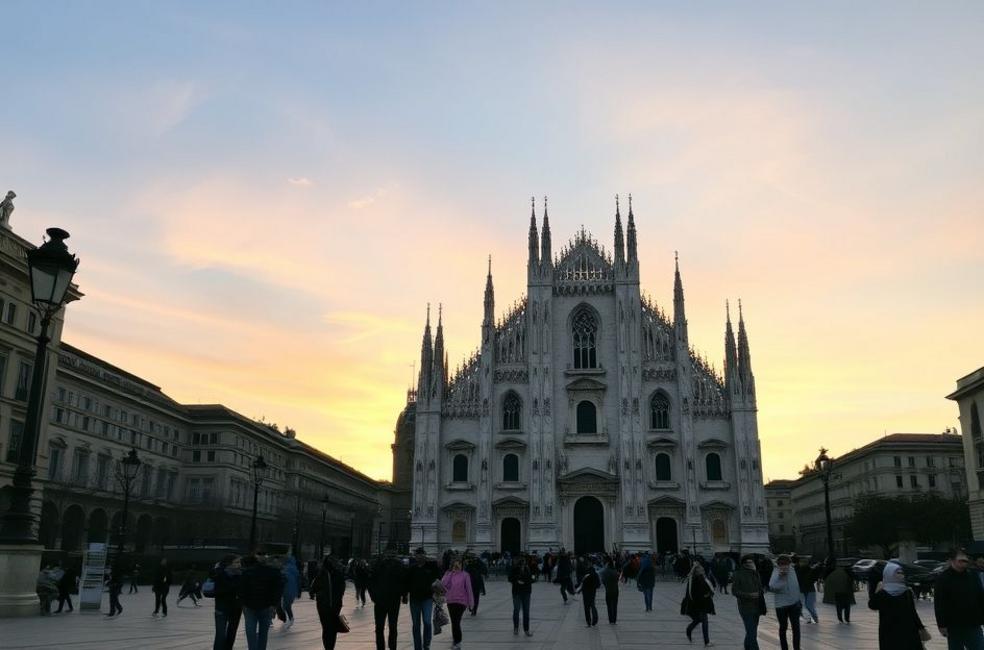 Vista do Duomo di Milão com pessoas ao fundo
