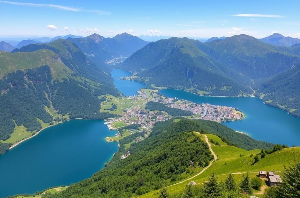 Paisagem exuberante de Interlaken, cheia de colinas verdes e lagos reluzentes.