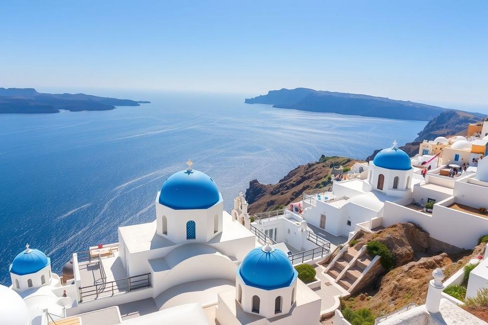 Vista panorâmica de Santorini com casas brancas e azul, capturando a essência da ilha.