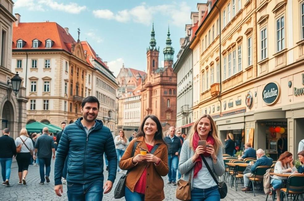 Visitantes desfrutando das ruas históricas de Praga.