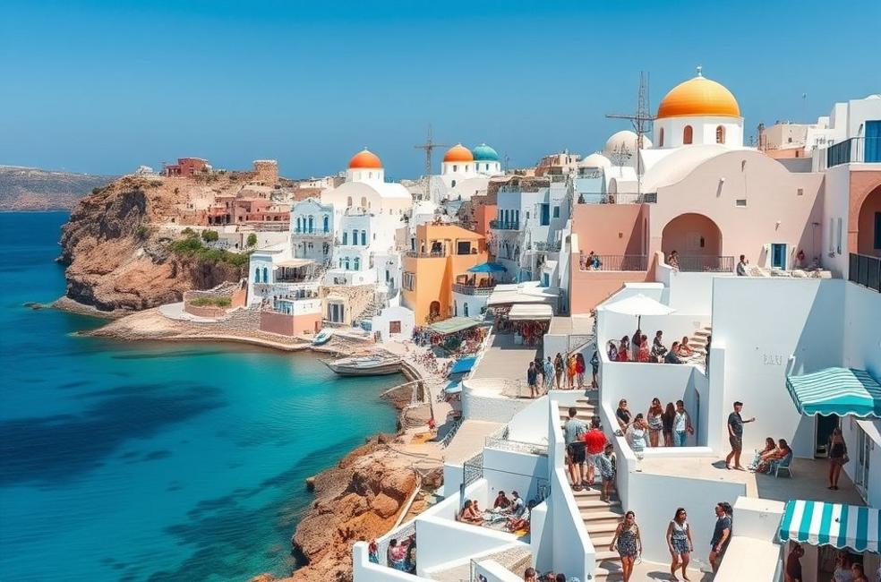 Vista dos impressionantes edifícios brancos e azuis de Santorini, com o mar ao fundo.