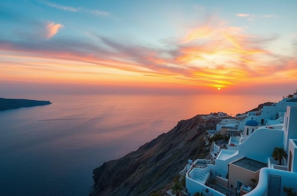Vista deslumbrante do pôr do sol sobre as falésias de Santorini.