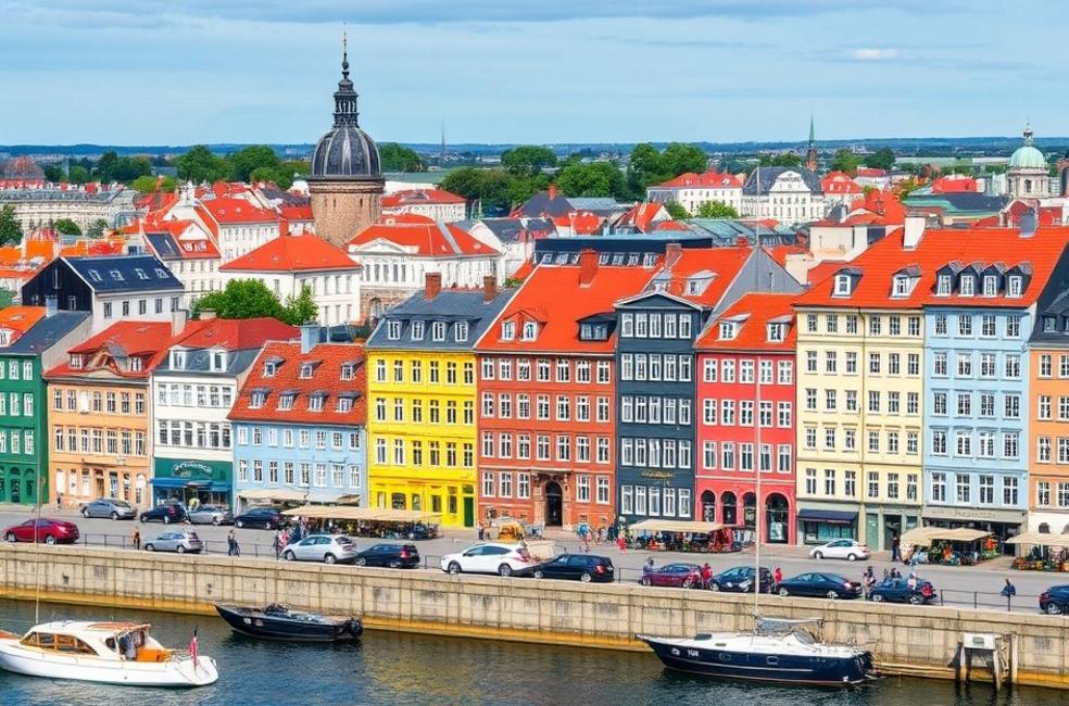 Uma vista de Copenhague com arquitetura diversificada e vibrante.