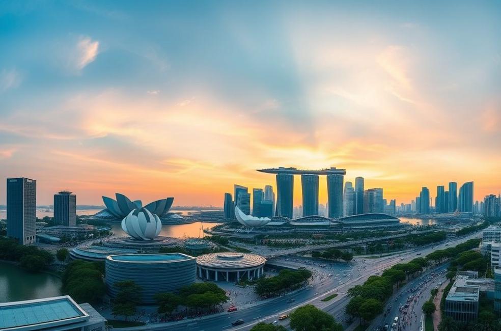 Imagem panorâmica do horizonte de Singapura ao pôr do sol.
