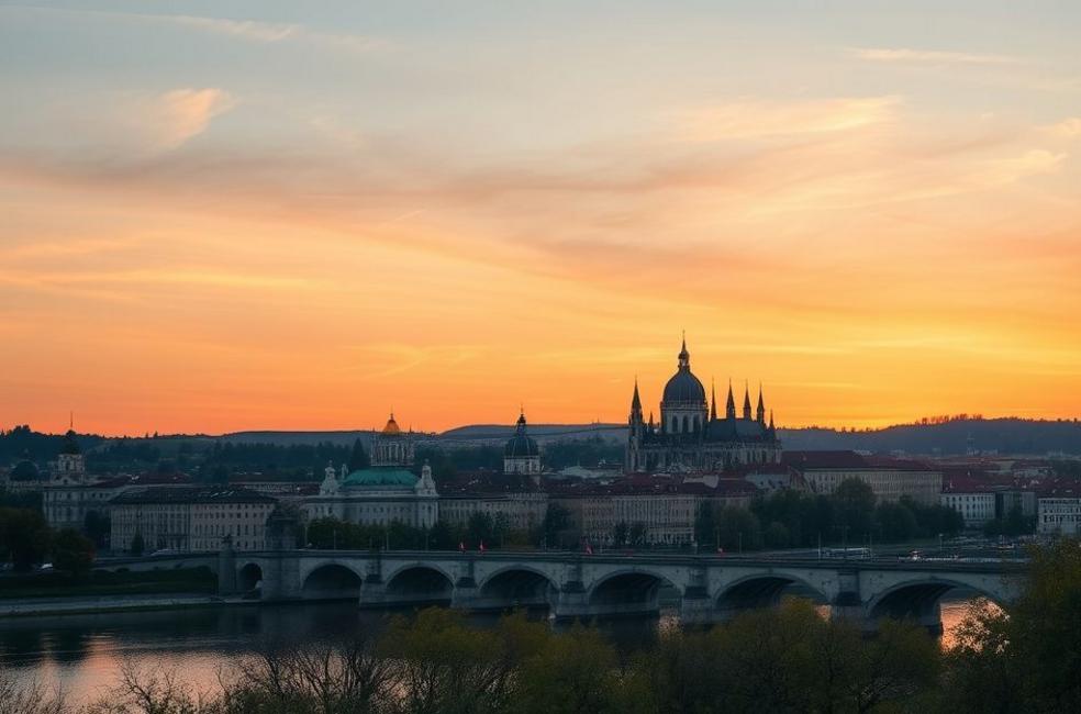 Cenário de Praga ao pôr do sol, com a ponte Carlos e o castelo ao fundo, representando a beleza da cidade.