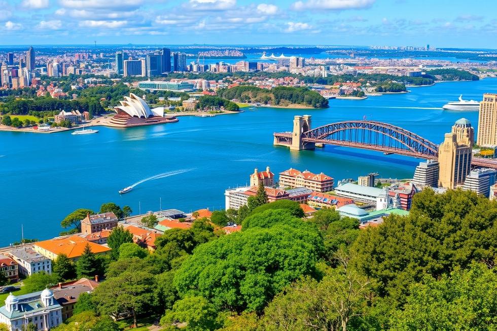 Vista panorâmica mostrando a diversidade de Sydney.