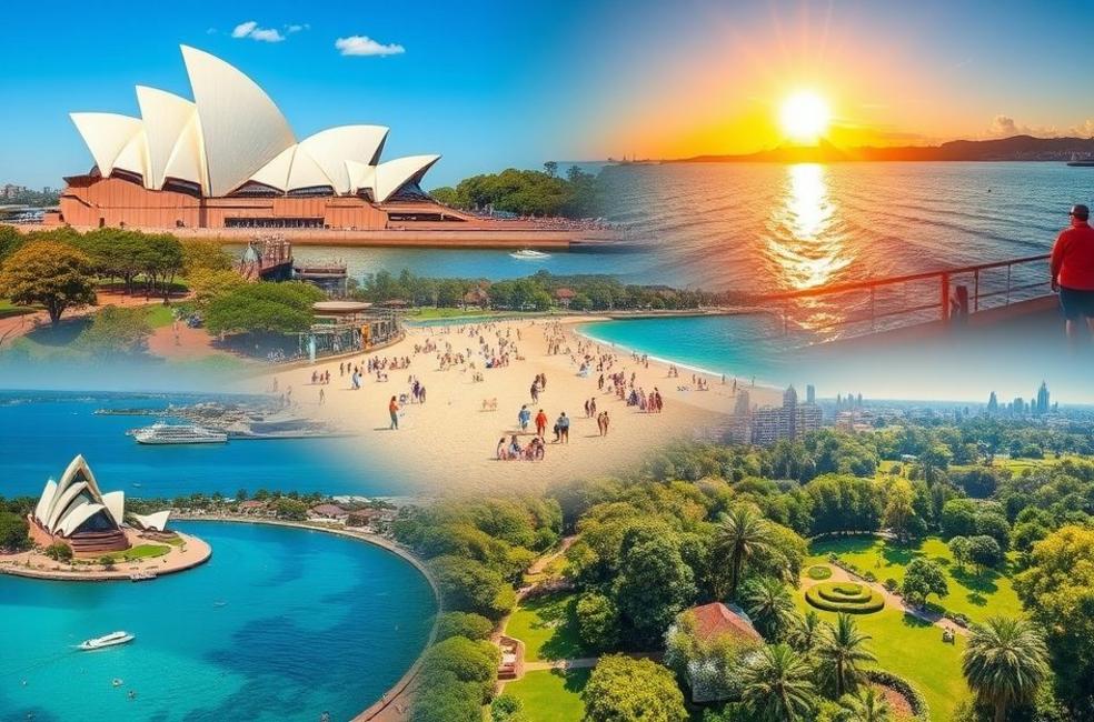 Colagem de pontos turísticos de Sydney durante o verão.