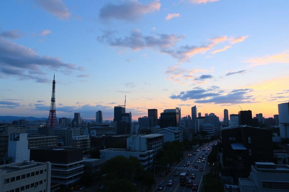 Cenário do horizonte de Tóquio ao pôr do sol com atividades urbanas.