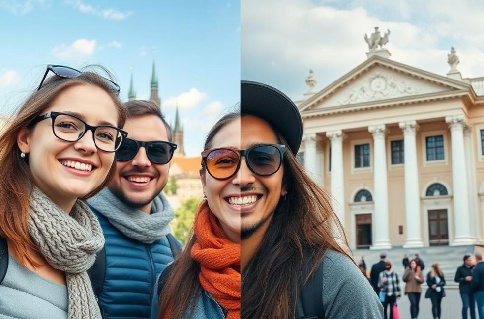 Turistas sorridentes em Praga e Viena.