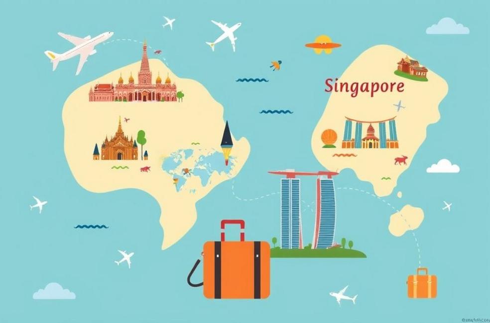 Mapa mostrando Bangkok e Singapura com marcos turísticos destacados.
