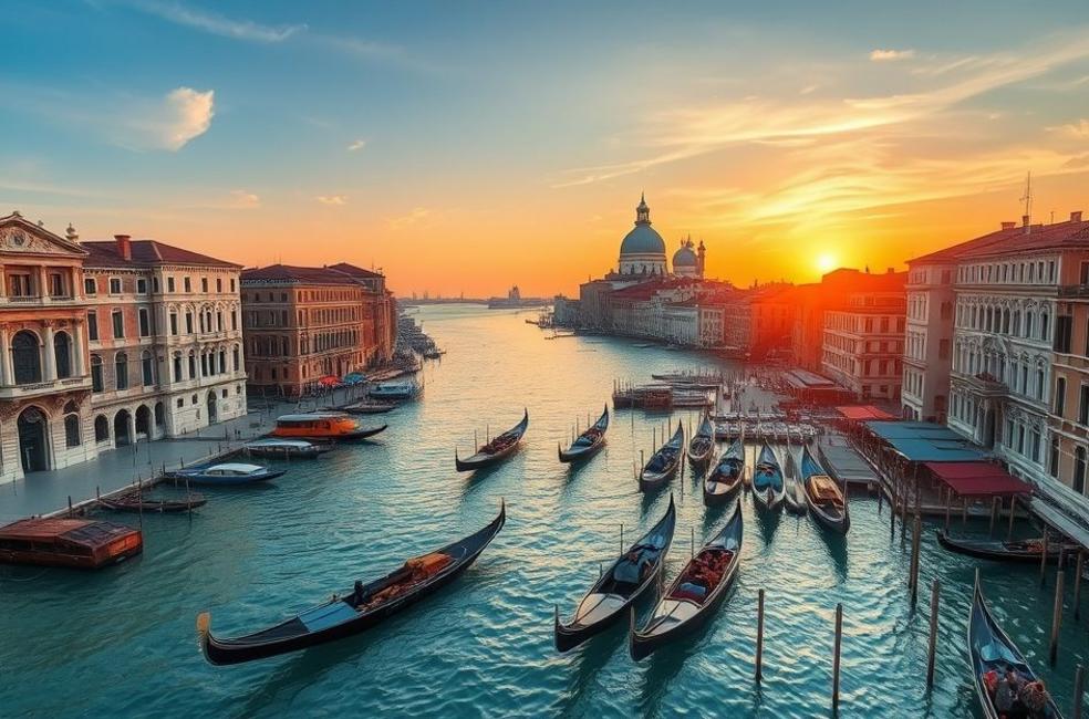Vista dos canais de Veneza com gôndolas e arquitetura histórica.
