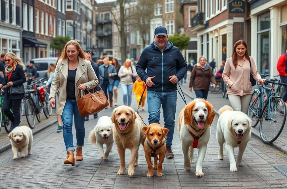 Cenário pet friendly em Amsterdam com donos e seus animais.