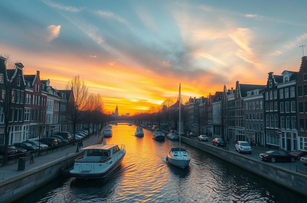 Pôr do sol sobre os canais de Amsterdam.