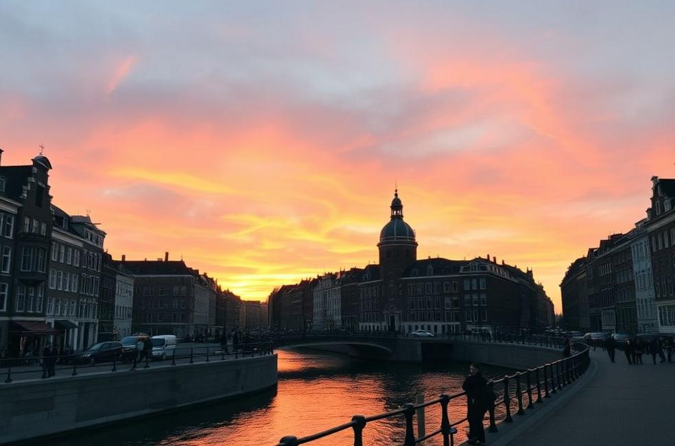 Vista de Amsterdam ao pôr do sol com canais e arquitetura.