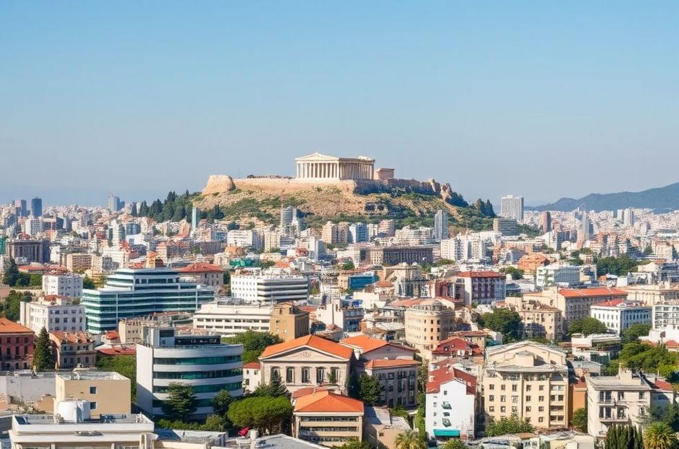 Panorama de Atenas destacando a Acrópole e a arquitetura moderna.