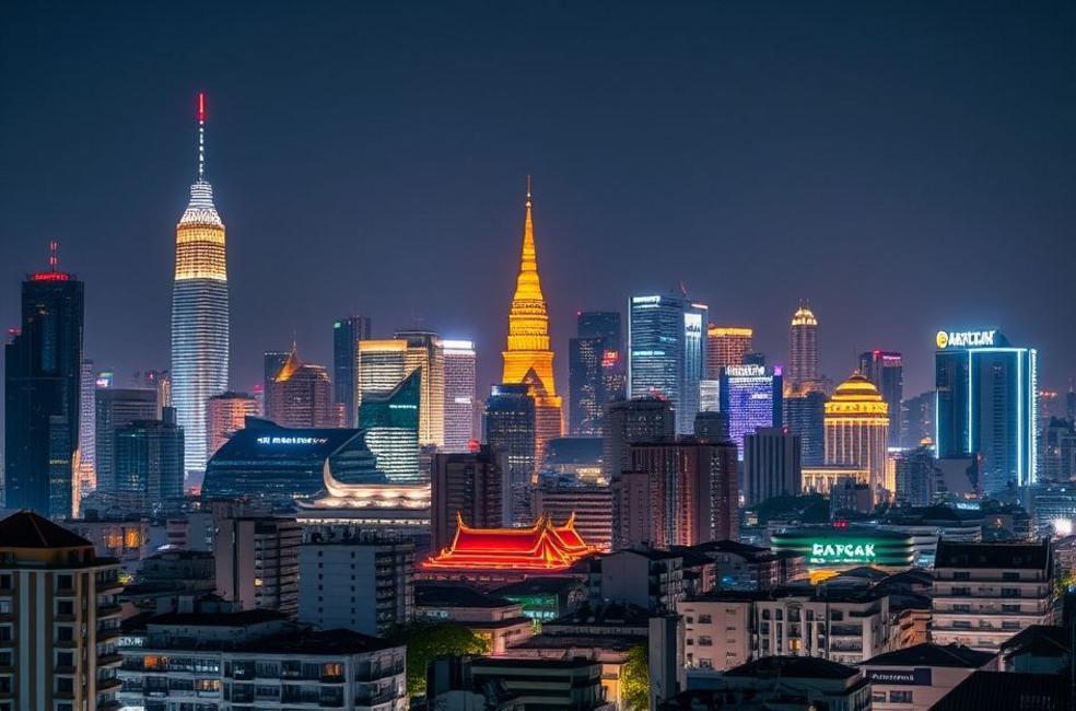 Vista noturna do skyline de Bangkok iluminado.