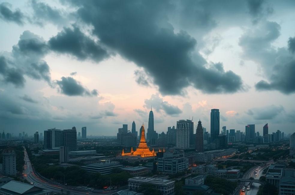 Horizonte de Bangkok sob um céu dramático e chuvas.