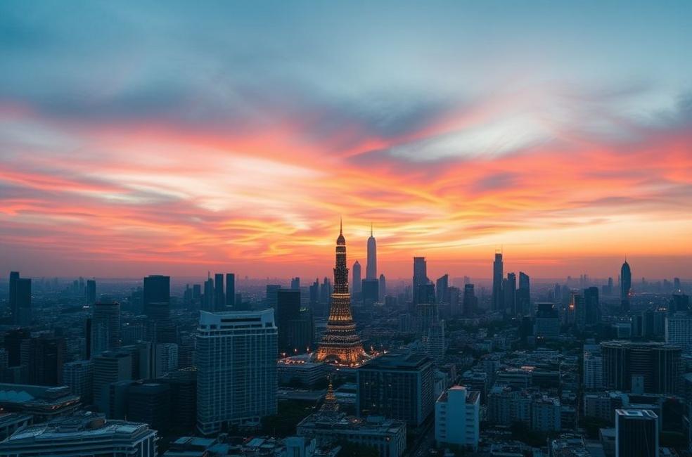 Vista panorâmica do skyline de Bangkok ao sol poente, revelando a cidade iluminada.
