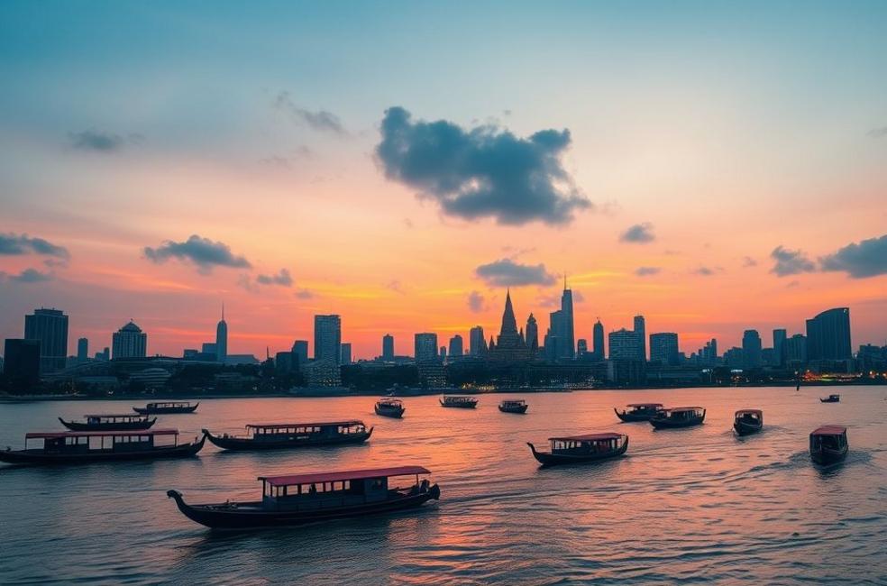 Vista do horizonte de Bangkok ao pôr do sol com iluminação vibrante.